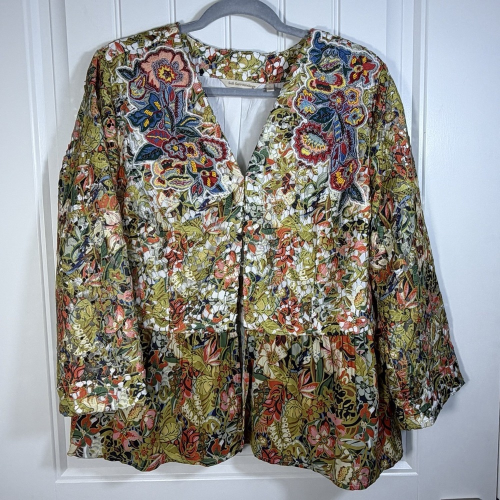 Soft Surroundings Embroidered Floral Boho Tunic Blouse Women's Large V-Neck